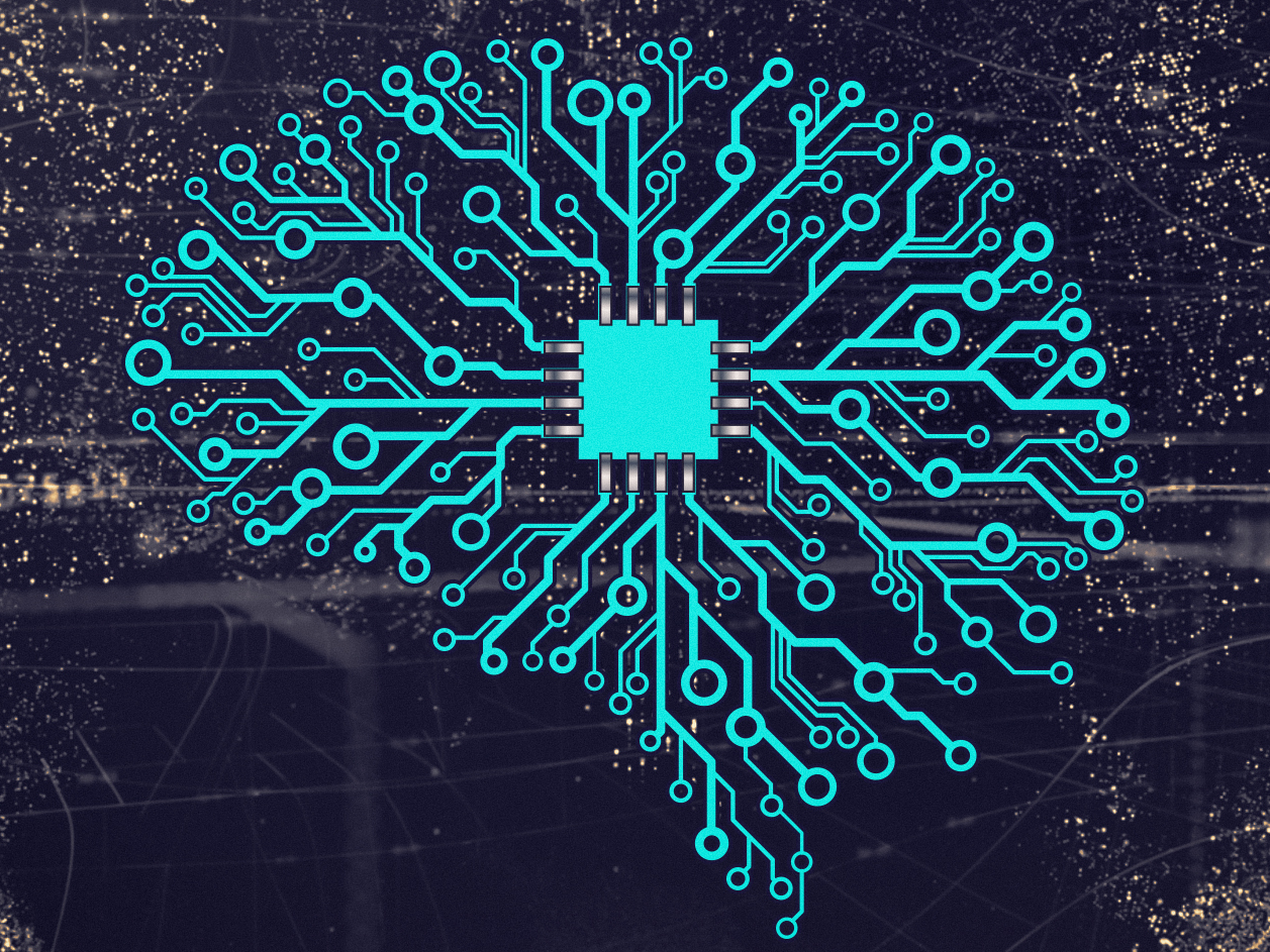 Illustration of an artificial neural network overlaid on a computer chip