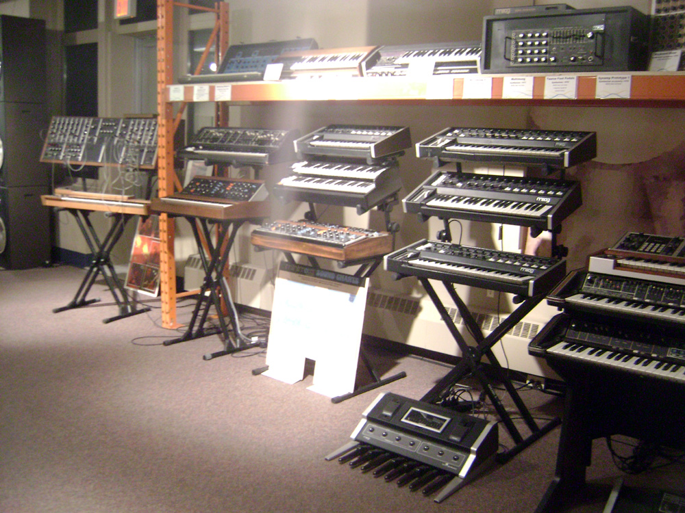 A wall of vintage Moog synthesizer modules